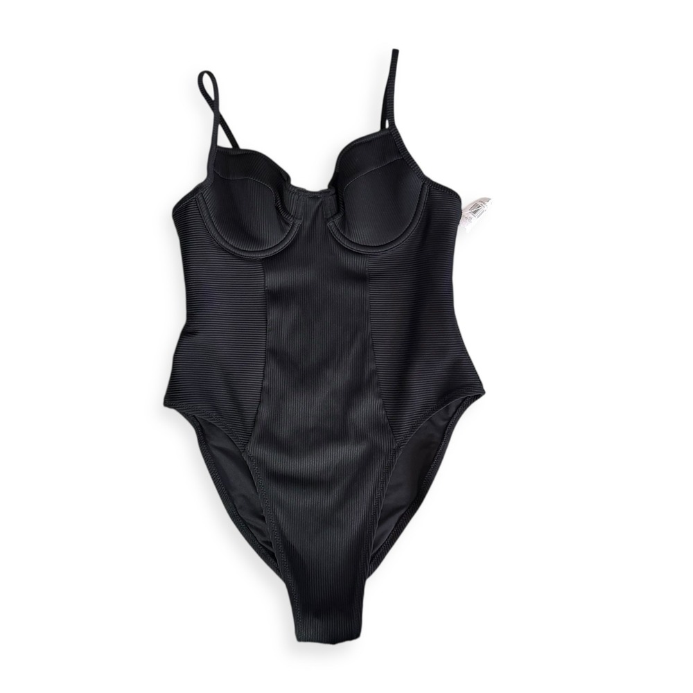 Old Navy Black Ribbed One Piece Swimsuit Women's XS Petite Adjustable Straps